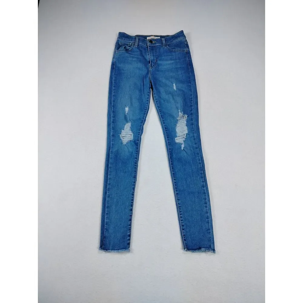 Levi Strauss Jeans Women's 26 Blue 720 High Rise Super Skinny Raw Hem Distressed